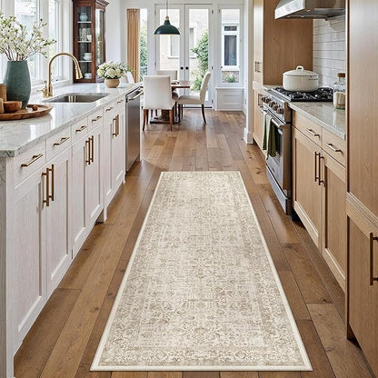 Light Brown Runner Rug 2x5 Hallway Machine Washable Kitchen Vintage Distressed Non Slip Long Carpet Indoor Retro Floral Bedroom Accent Throw Rug for Bathroom Office Laundry Dining Room