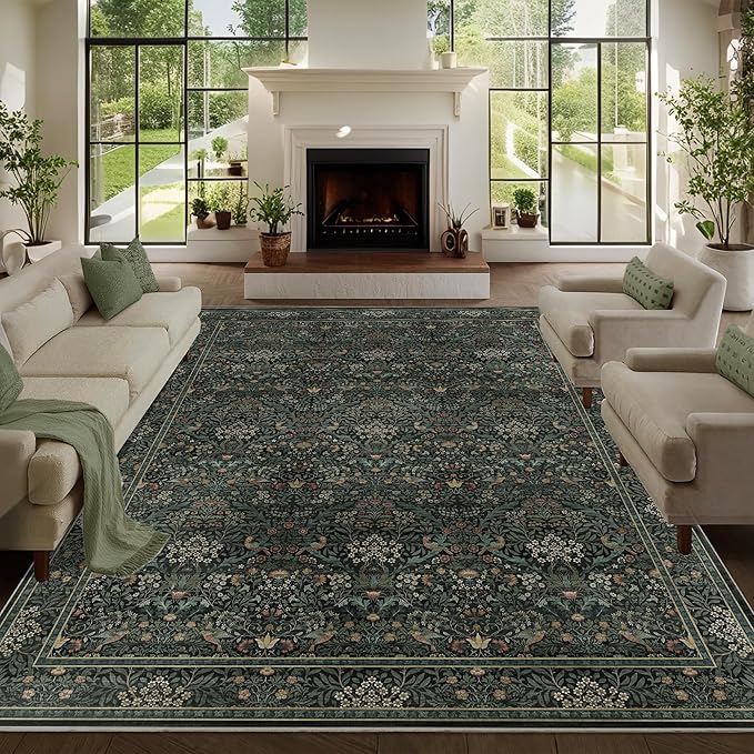 8x10 Floral Washable Area Rug for Living Room, Vintage Boho Rug for Bedroom Dining Room， Distressed Botanical Birds Non Slip Low Pile Forest Animal Throw Carpet for Farmhouse Office, Dark Green