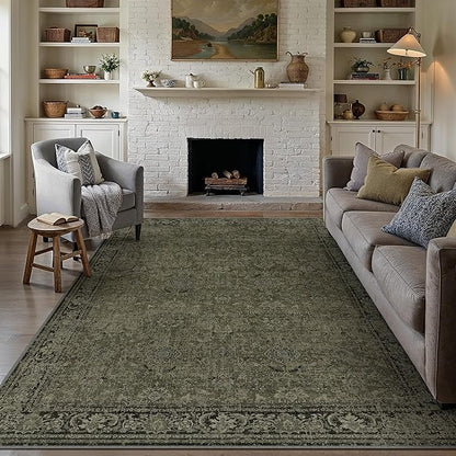 Vintage Area Rug 8x10 Washable Olive Brown Living Room Carpet Large Indoor Non Slip Bedroom Low Pile Kitchen Distressed Retro Accent Throw Rug for Dining Room