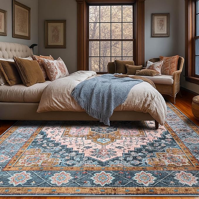 YJ.GWL Area Rugs for Living Room 6x9 Machine Washable Rugs, Non Slip Floral Vintage Rug Indoor Carpet, Stain Resistant Large Rug for Bedroom Dining Room, Brown Blue