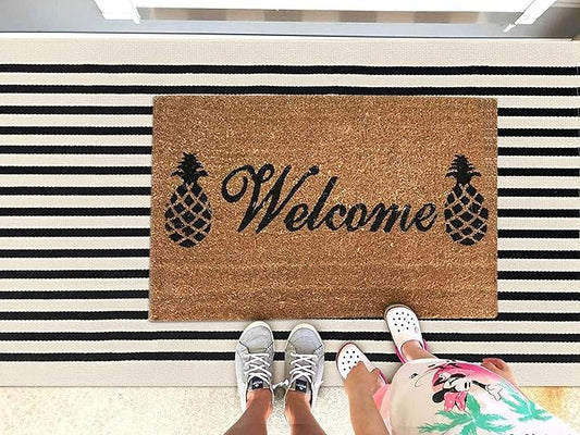 KOZYFLY 3'x5' Cotton Area Rug, Black and Beige Striped Outdoor Rug, Hand-Woven, Machine Washable, Perfect for Front Door, Kitchen, Living Room
