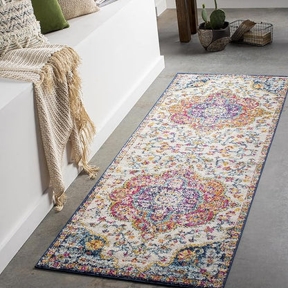 Livabliss Area Rugs - 3x7 Romaine Vintage Boho Fuchsia Mustard Blue Runner Area Rug for Living Room Bedroom - Floral Medallion Stain Resistant Carpet for Kitchen, Nursery, Office (2'7" x 7'6", Runner)