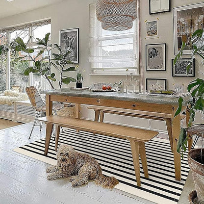 KOZYFLY 3'x5' Cotton Area Rug, Black and Beige Striped Outdoor Rug, Hand-Woven, Machine Washable, Perfect for Front Door, Kitchen, Living Room