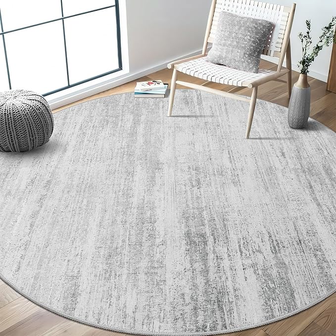 MUJOO Round Rugs 6ft,Circle Area Rug Washable,Circular Rugs for Living Room Dining Room,Large Modern Abstract Non Slip Throw Carpet Accent Neutral Grey