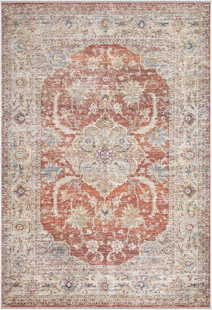 Bloom Rugs Caria Washable Non-Slip 8x10 Rug - Orange/Olive Beige Traditional Area Rug for Living Room, Bedroom, Dining Room, and Kitchen - Exact Size: 7'8" x 10'