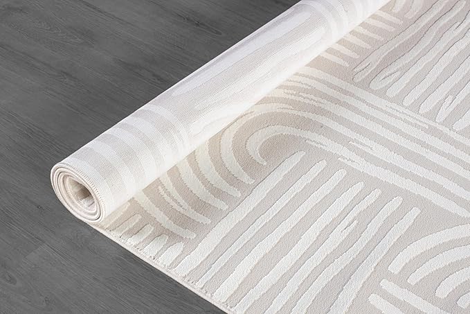 Beverly Rug Modern Geometric Area Rug 6x9 Low-High Pile Durable Soft Abstract Curved Indoor Rugs for Living Dining Room Office Stain Resistant Non Shedding Casual Indoor Carpet Beige White 6 x 9