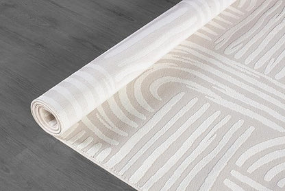 Beverly Rug Modern Geometric Area Rug 8x10 Low-High Pile Durable Soft Abstract Curved Indoor Rugs for Living Dining Room Office Stain Resistant Non Shedding Casual Indoor Carpet Beige White 8 x 10