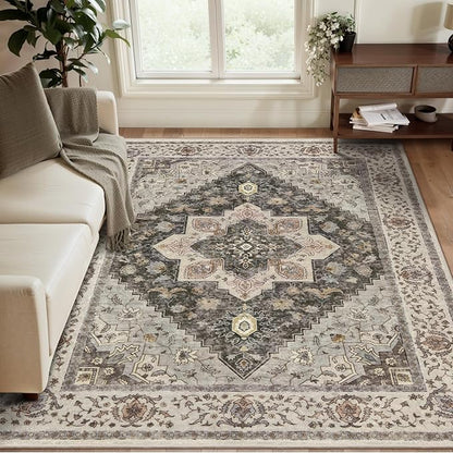Tangsoo 3x5 Area Rug Vintage Washable Rugs Non Slip, Farmhouse Rugs Indoor Accent Rug Print Distressed Grey Carpet, Soft Low Pile Rug for Living Room Bedside Entryway Bedroom