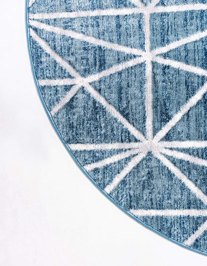 Rugs.com Lattice Trellis Collection Rug – 8 Ft Round Blue Low-Pile Rug Perfect for Kitchens, Dining Rooms