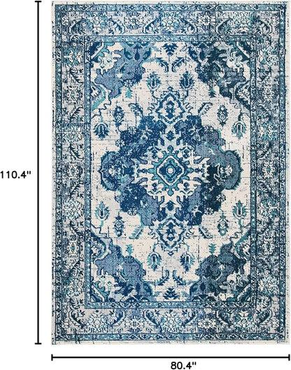 SAFAVIEH Monaco Collection Area Rug - 6'7" x 9'2", Ivory & Blue, Boho Chic Medallion Distressed Design, Non-Shedding & Easy Care, Ideal for High Traffic Areas in Living Room, Bedroom (MNC243A)
