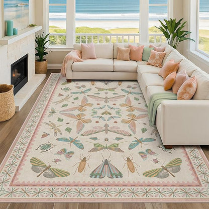 7x9 Cute Insect Rugs for Girls Bedroom - Pink and Blue Washable Floral Living Room Rugs, Dining Room Under Table, Insect Print Whimsical Indoor Décor, Low Pile & Soft