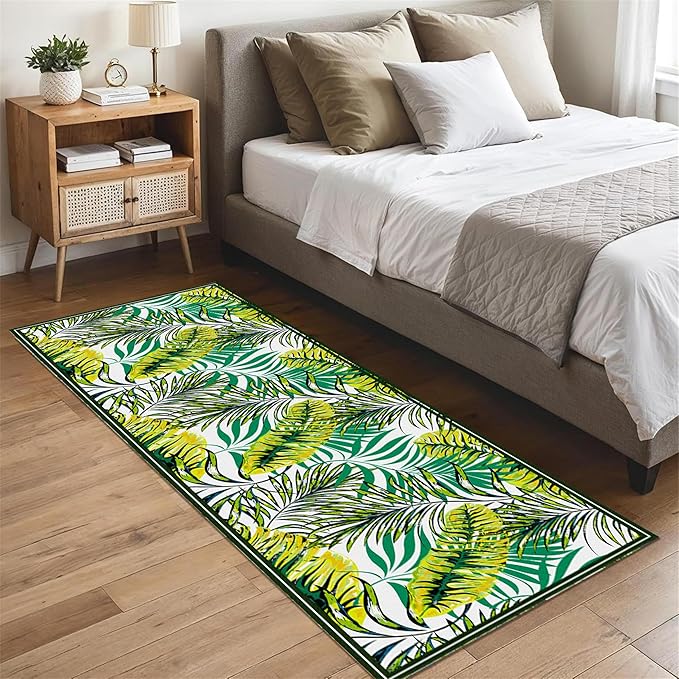 Green Botanical Tropical Leaves Rug 2.6x10ft - Non-Slip Washable Runner, Soft Durable Floor Mat for Hallway, Kitchen, Bedside, Entryway Home Decor