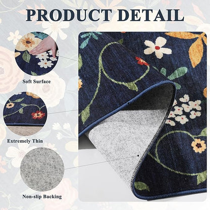 DUKINO 5x7 Area Rug, Floral Rugs for Living Room, Lightweight Non Slip Washable Rug, Indoor Low Pile & Non-Shedding Boho Design Rugs for Bedroom, Living Room, Dining Room, Dark Blue