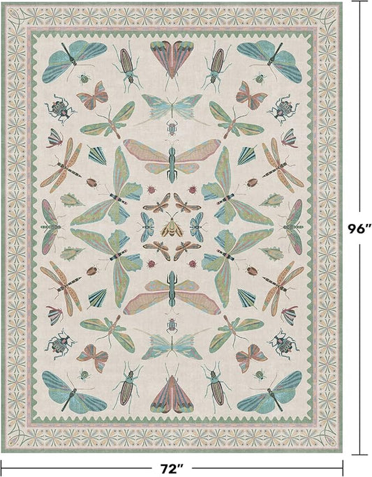 Green and Blue Rugs for Bedroom - Washable 6x8 Area Rug for Living Room, Dining Room, Non Slip Fun Insect Cute Kid Room Carpet, Stain Resistant Low Pile & Soft