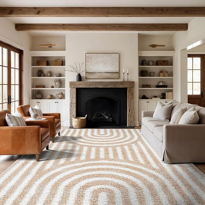Rugshop Abstract Arch Shag Area Rug Beige 7' 10" x 10' Perfect for Large Living Rooms, Dining Areas, or Master Bedrooms