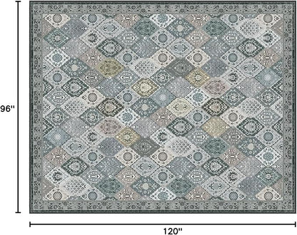 Phantoscope Washable Area Rug 8'x10' Non-Slip, Vintage Boho Rugs for Living Room, Bedroom, Dining Room, Distressed Moroccan Mosaic Diamond Pattern, Low-Pile Foldable Floor Carpet, Grey Charcoal