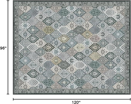 Phantoscope Washable Area Rug 8'x10' Non-Slip, Vintage Boho Rugs for Living Room, Bedroom, Dining Room, Distressed Moroccan Mosaic Diamond Pattern, Low-Pile Foldable Floor Carpet, Grey Charcoal