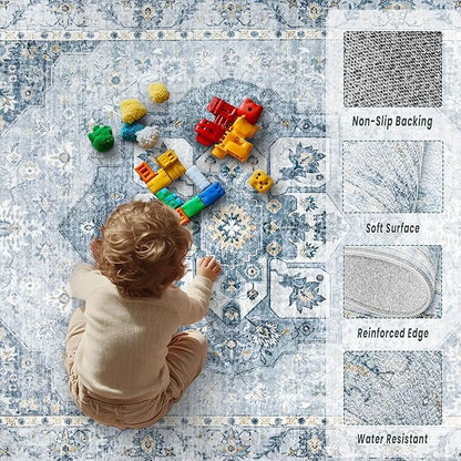 8x10 Area Rugs Washable Rugs for Living Room, Large Vintage Boho Rug Non-Slip Soft Floral Distressed Rug Low Pile Stain Resistant Carpet for Bedroom Nursery Office Dining Room Farmhouse(Blue, 8'x10')