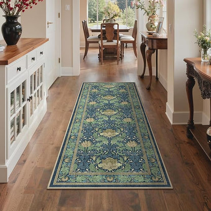 Bavni 2'6''x6 Runner Rug,Microfiber Washable Non-Slip Vintage Floral Rugs,Low Pile Lightweight Carpet for Bedroom,Hallway,Entryway,Kitchen,Bathroom, Tea Green/Blue