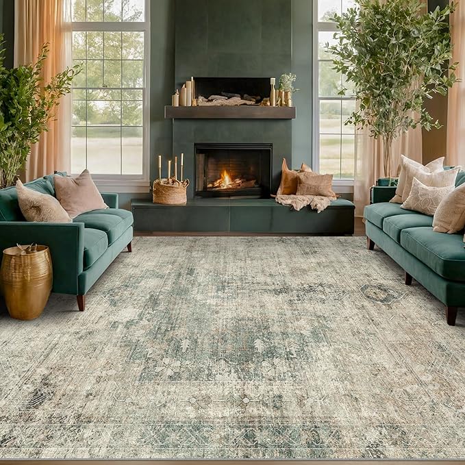 8x10 Farmhouse Rugs for Living Room - Moss Green Brown Large Area Rug for Bedroom, Dining Room, Home Office, Soft Washable & Stain Resistance