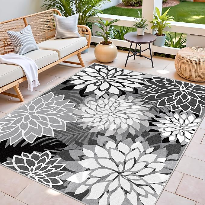 8x10 Outdoor Area Rug Washable Multicolored Patio Rug Tropical Botanical Floral Chenille Waterproof Outdoor Carpet Non-Slip for Deck, Backyard, Porch, Black