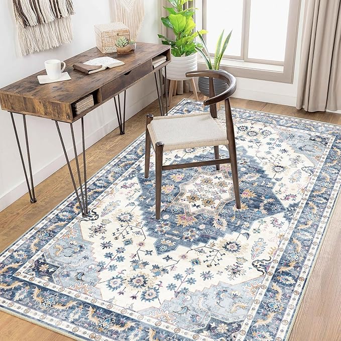 Enkor Area Soft Rugs 4x6 Washable Non Slip Boho Floor Rugs for Living Room Bedroom, Vintage Style Farmhouse Mat for Kitchen Entryway Blue & White