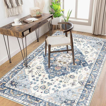 Enkor Area Soft Rugs 4x6 Washable Non Slip Boho Floor Rugs for Living Room Bedroom, Vintage Style Farmhouse Mat for Kitchen Entryway Blue & White