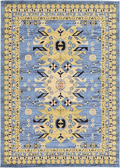 Unique Loom Taftan Collection Border Geometric Tribal Inspired Design Area Rug, 7 ft x 10 ft, Light Blue/Gold