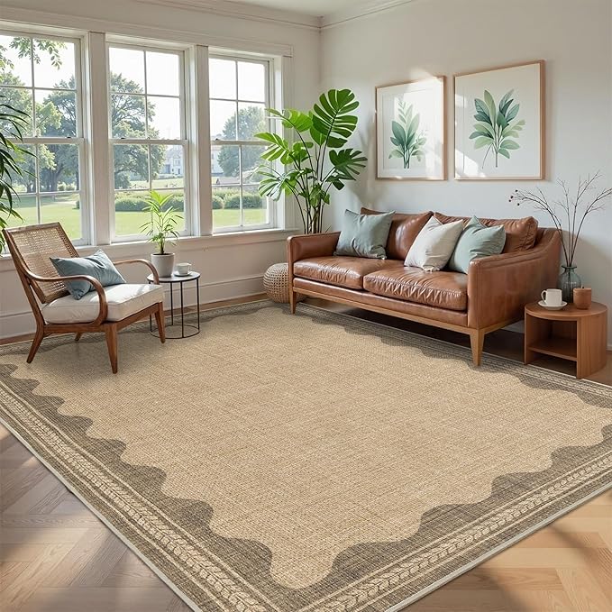 Easy Jute Rug 8x10 Outdoor Rug Scalloped Washable Rugs for Living Room Bedroom Non Slip Neutral Farmhouse Indoor Outdoor Carpet for Backyard Patio Office