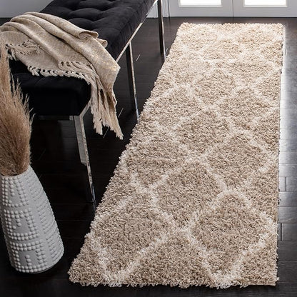SAFAVIEH Dallas Shag Collection Runner Rug - 2'3" x 10', Beige & Ivory, Trellis Design, Non-Shedding & Easy Care, 1.5-inch Thick Ideal for High Traffic Areas in Living Room, Bedroom (SGD257D)