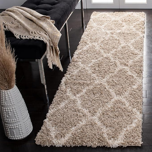 SAFAVIEH Dallas Shag Collection Runner Rug - 2'3" x 22', Beige & Ivory, Trellis Design, Non-Shedding & Easy Care, 1.5-inch Thick Ideal for High Traffic Areas in Living Room, Bedroom (SGD257D)