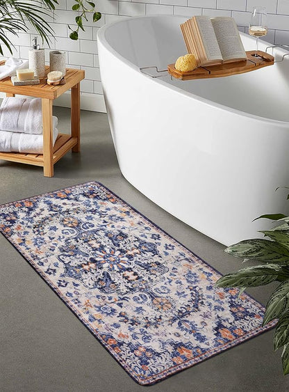 Lahome Bohemian Floral Medallion Runner Rug - 2x4 Blue Soft Bathroom Rug Runner Entry Way Mat, Washable Non Skid Laundry Room Carpet Runners for Living Room Dining Room Kitchen Entrance