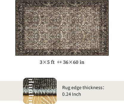 Washable Living Room Rug: 3x5 Boho Floral Soft Area Rug for Bedroom Decor - Vintage Low Pile Thin Carpet for Dining Room Non-Slip - Farmhouse Stain Resistant Rugs - Dark Brown