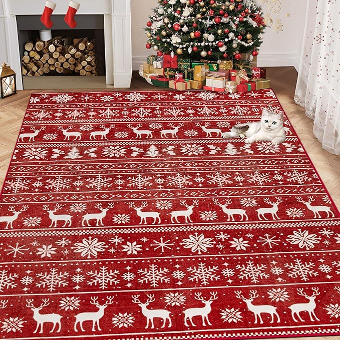Christmas Rug 4x6 Washable Rugs, Boho Christmas Tree Snowflake Rug Non-Slip Soft Low Pile Non Shedding Indoor Holiday Decor Carpet for Living Room Bedroom Dining Room Home Office (Xmas Red, 4'x6')