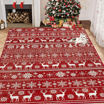 Christmas Rug 4x6 Washable Rugs, Boho Christmas Tree Snowflake Rug Non-Slip Soft Low Pile Non Shedding Indoor Holiday Decor Carpet for Living Room Bedroom Dining Room Home Office (Xmas Red, 4'x6')