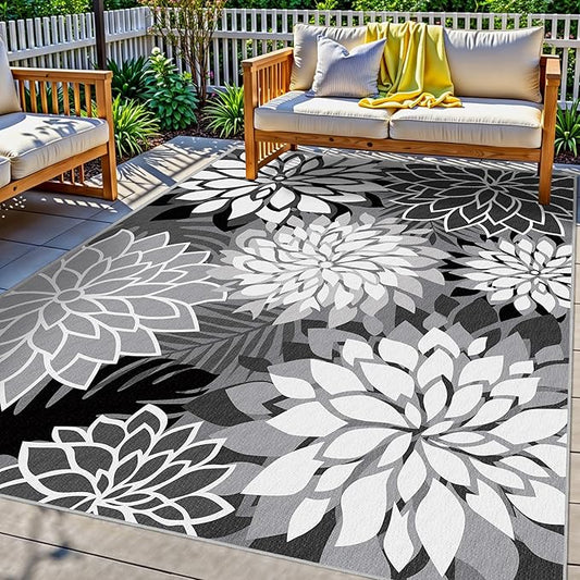 9x12 Outdoor Area Rug Washable Multicolored Patio Rug Tropical Botanical Floral Chenille Waterproof Outdoor Carpet Non-Slip for Deck, Backyard, Porch, Black