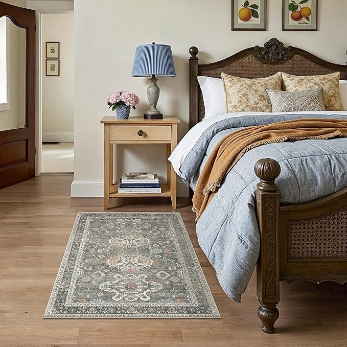 Bavni 3x5 Area Rug for Living Room Bedroom, Washable Boho Print Vintage Aesthetic Rug, Ultra-Thin Low Pile Rugs for Entryway Playroom with Non Slip Backing, Grey