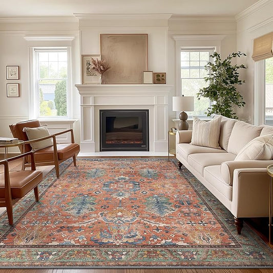 Area Rugs 8x10 Clearance Washable Boho Rug for Bedroom Living Room, Non Slip Thin Low Pile Chenille Carpet for Dining Room,Vintage Farmhouse, Terracotta/Blue