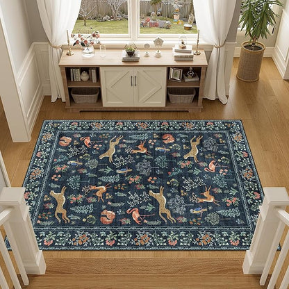 DUKINO 4x6 Rug, Washable Animal Area Rug with Non Slip Vintage Design, Indoor Soft Low Pile Carpet for Bedroom, Nursery, Dining Room, Farmhouse, Playroom, Navy Blue