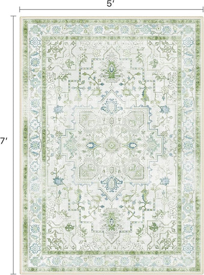 5x7 Area Rugs for Living Room, Machine Washable Rug, Non Slip Vintage Rugs, Low Pile Lightweight Print Rug for Bedroom, Dining Room, Home Office, Cream Green