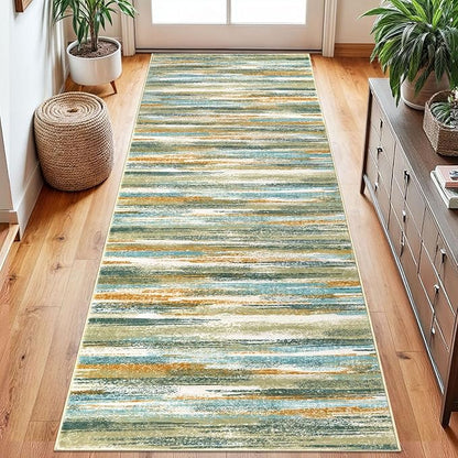 Modern Abstract Runner Rug 2.6x8, Green Mustard Multi Washable Kitchen Runner Non-Slip Soft Hallway Rug Runner Thin Print Faux Wool Carpet for Entryway Bedroom Laundry Room Indoor