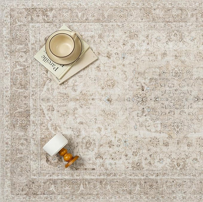 Beige Area Rug 6x9 for Living Room Washable Vintage Carpet Low Pile Non Slip Distressed Soft Traditional Retro Oriental Large Accent Throw Rug Office Bedroom Dining Room Playroom