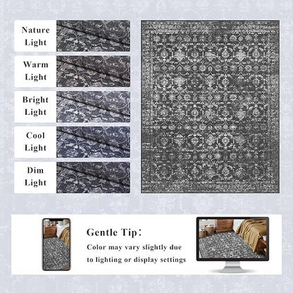 Washable Area Rug 8x10 Black Rugs for Living Room, Vintage Boho Large Rug for Bedroom Dining Room Office, Distressed Floral Print Carpet for Under Table, Soft Non Slip Low Pile Throw Carpet Indoor Mat