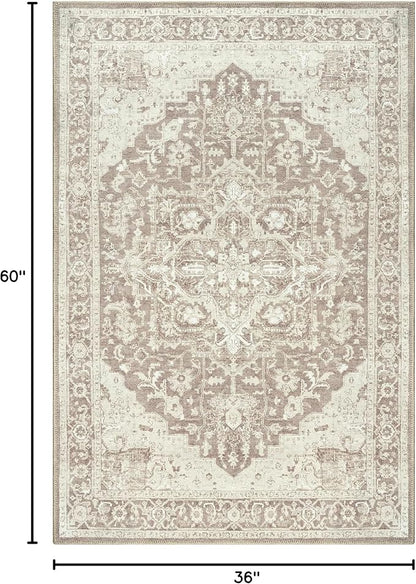 Bloom Rugs Washable Non-Slip 3' x 5' Rug - Light Brown Traditional Medallion Area Rug for Living Room, Bedroom, Dining Room, and Kitchen - Exact Size: 3' x 5'