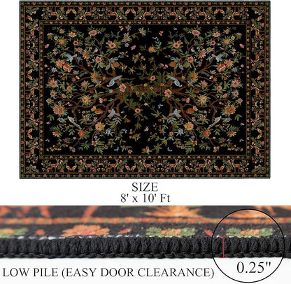 8x10 Area Rugs for Living Room, Machine Washable Non-Slip Carpet, Boho Floral Low Pile Throw Rugs for Bedroom, Dining Room, Office, Nursery, Vintage Home Decor（Black）