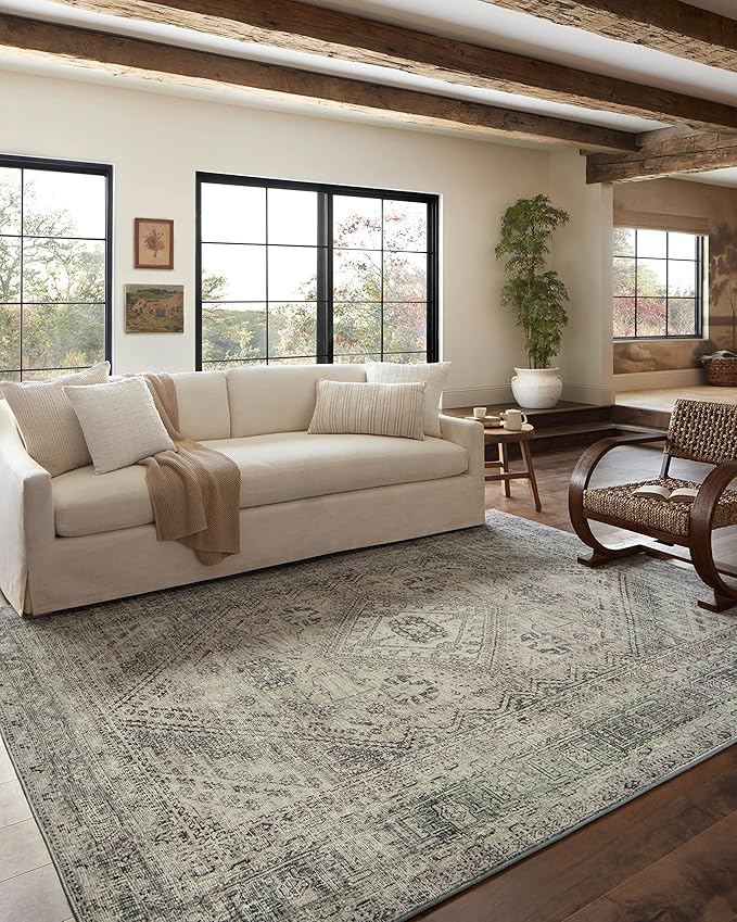 Loloi Magnolia Home by Joanna Gaines Sinclair Collection SIN-04 Natural/Sage 2'-0" x 5'-0", .25" Pile Height, Machine Washable, Accent Rug