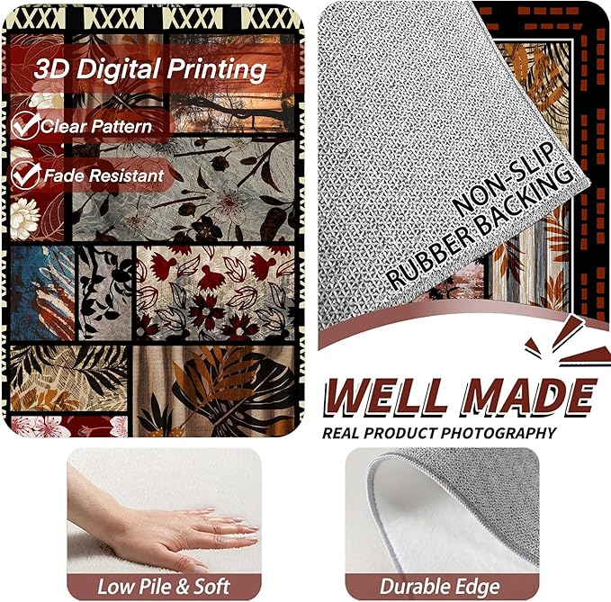 Rustic Cabin Area Rug 7x9ft, Animal & Moroccan Plaid Pattern Vintage Boho Carpet, Stain-Resistant Pet-Friendly & Non-Slip Low Pile for Living Room, Bedroom, Dining Room