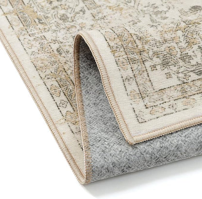 Entryway Area Rug 3x5 Washable Beige Vintage Distressed Carpet Oriental Soft Thin Indoor Rug for Office Non Slip Low Pile Throw Rug for Kitchen Bathroom Bedroom Dining Living Room