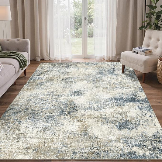 Bavni 6x9 Area Rugs Machine Washable Rug for Living Room, Modern Printed Rug Indoor Soft Area Rug for Bedroom Dining Room, Ultra-Thin Low Pile Carpet with Non Slip Rubber Backing, Gray Beige Blue