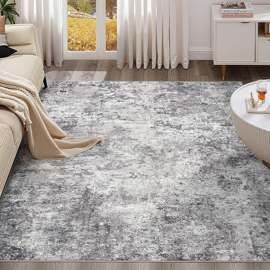 Square Area Rugs : Washable 8x8 Neutral Modern Abstract Carpet for Living Room Bedroom - Soft Floor Mat with Non Slip Backing for Kitchen Nursery Dorms Farmhouse Home Decor - Grey